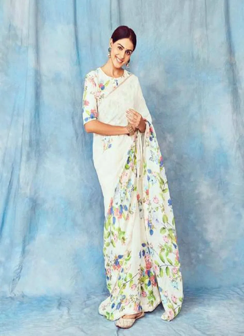 MG 137 Plain Linen Digital Printed Designer Saree Wholesalers In Delhi